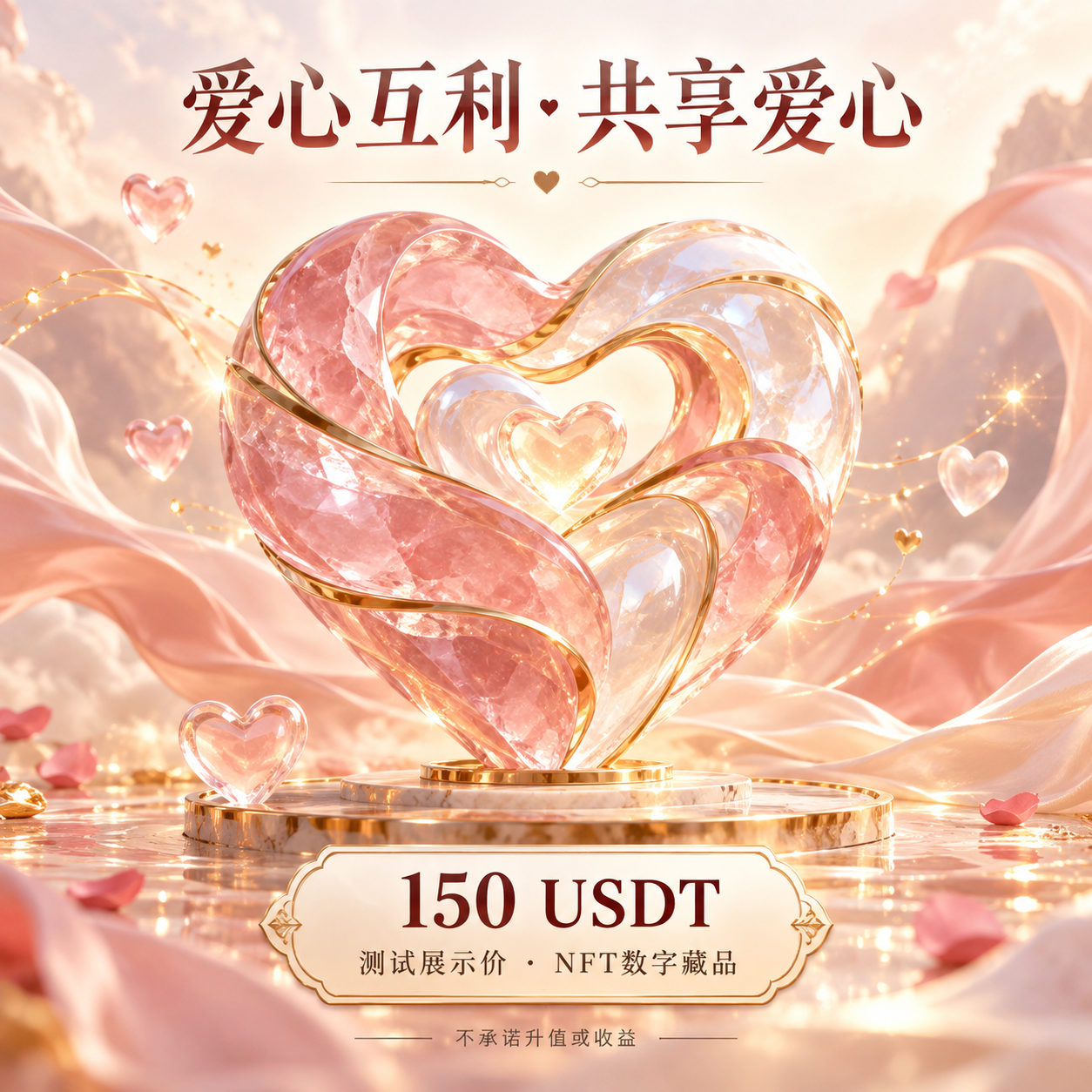 爱心互利·共享爱心作品：粉色与透明水晶爱心，金色镶边；图中文字为 150 USDT 测试展示价，不承诺升值或收益。